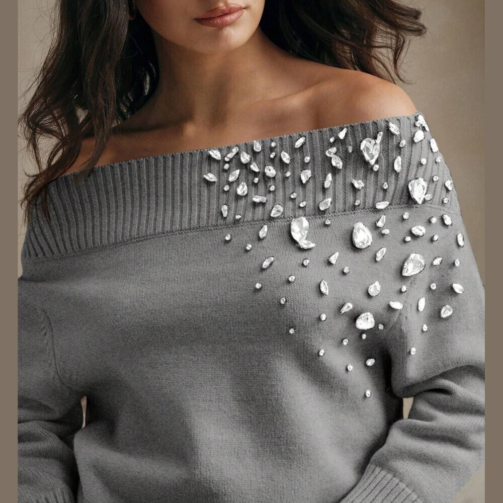Gray Rhinestone Embellished Off Shoulder Ribbed Knit Sweater - Picture 7 of 11